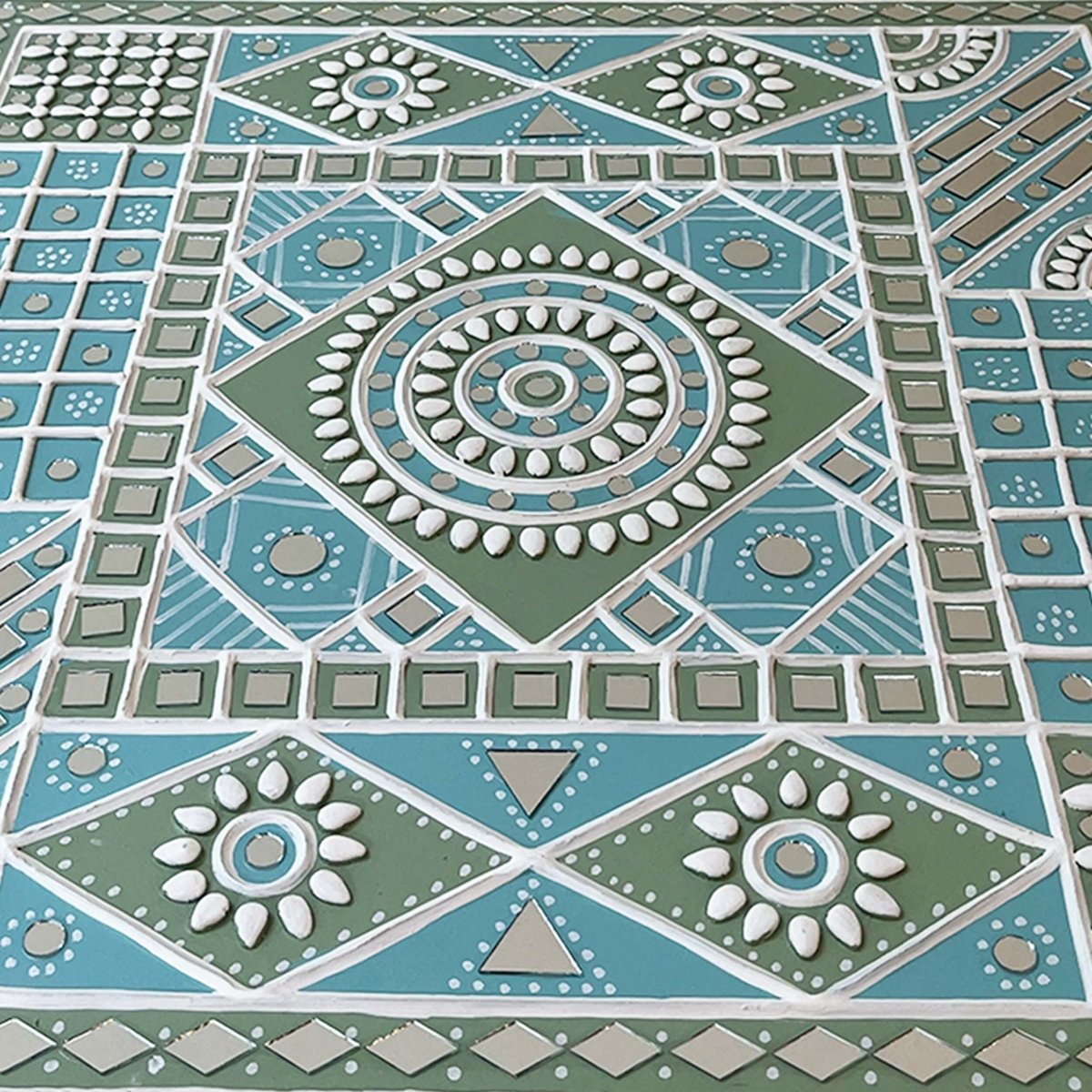 Wall Hanging made with Mud Art Ocean Blue Sparkles Handmade | Lippan Art - Light-blue, White & light-green / 18 inches X 18 inches / Clay & Mirrors on Ply