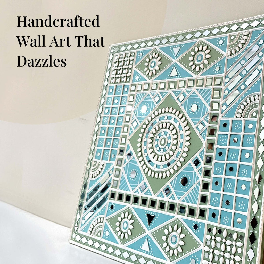 Wall Hanging made with Mud Art Ocean Blue Sparkles Handmade | Lippan Art - Light-blue, White & light-green / 18 inches X 18 inches / Clay & Mirrors on Ply