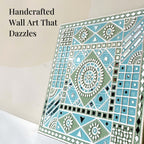 Wall Hanging made with Mud Art Ocean Blue Sparkles Handmade | Lippan Art - Light-blue, White & light-green / 18 inches X 18 inches / Clay & Mirrors on Ply