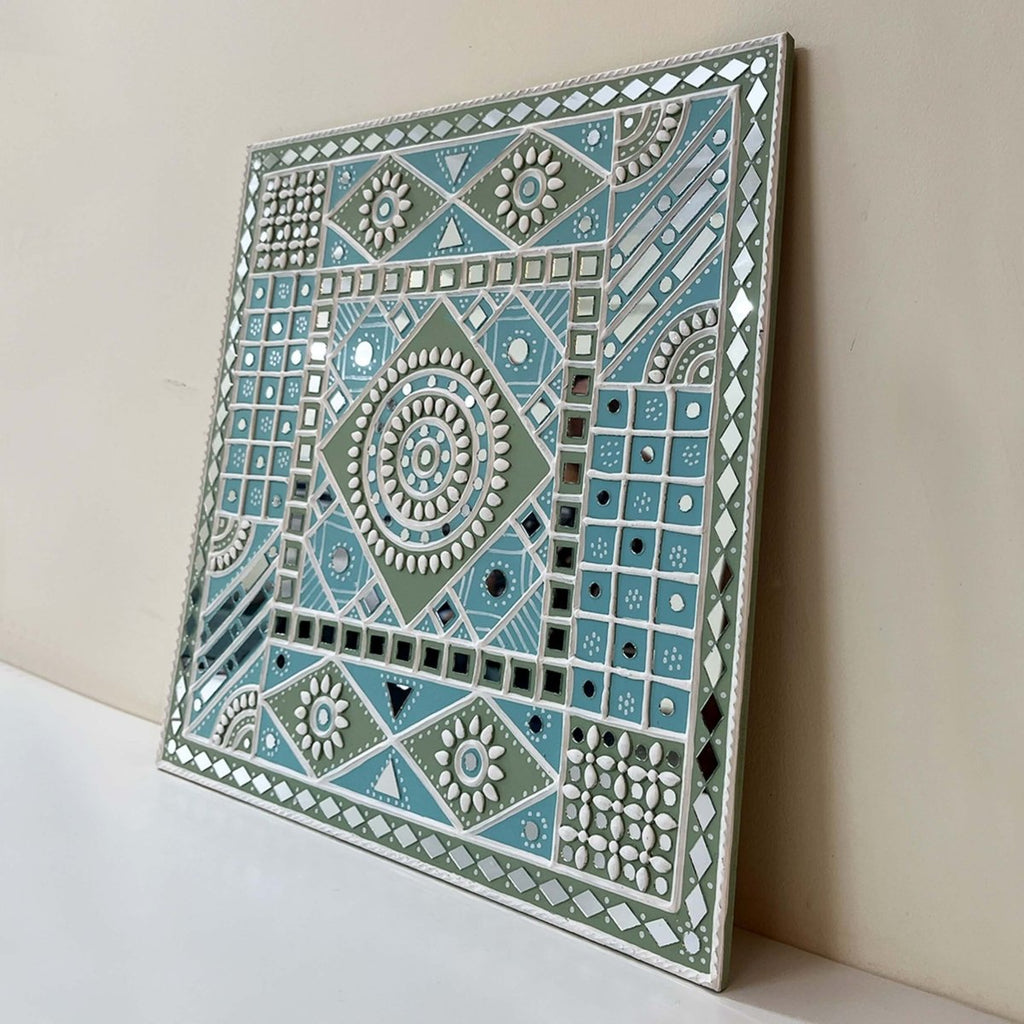 Wall Hanging made with Mud Art Ocean Blue Sparkles Handmade | Lippan Art - Light-blue, White & light-green / 18 inches X 18 inches / Clay & Mirrors on Ply