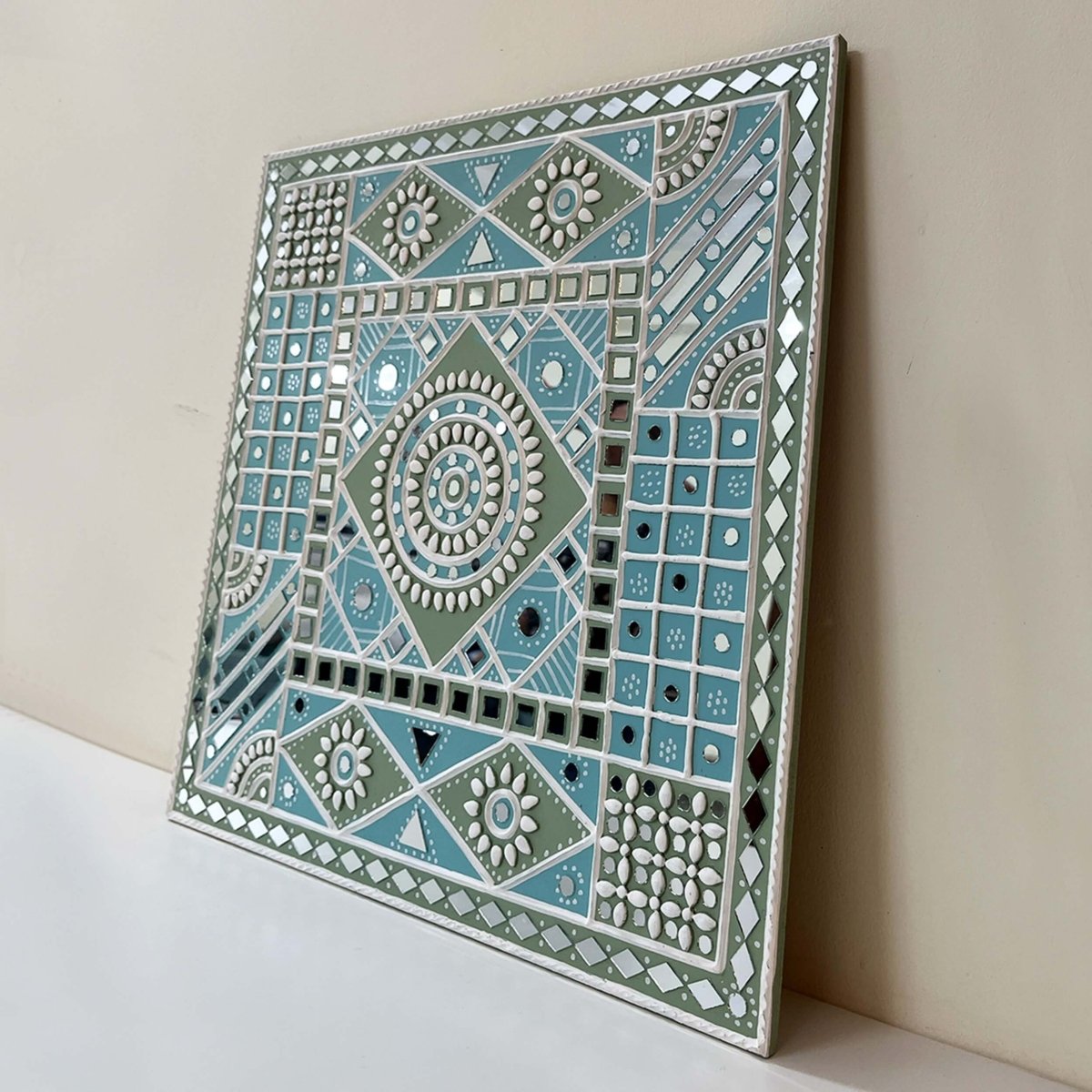Wall Hanging made with Mud Art Ocean Blue Sparkles Handmade | Lippan Art - Light-blue, White & light-green / 18 inches X 18 inches / Clay & Mirrors on Ply