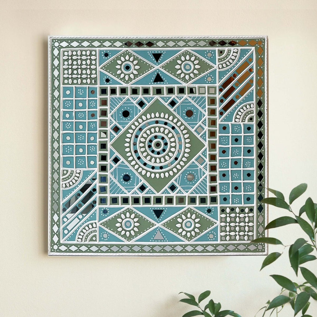 Wall Hanging made with Mud Art Ocean Blue Sparkles Handmade | Lippan Art - Light-blue, White & light-green / 18 inches X 18 inches / Clay & Mirrors on Ply