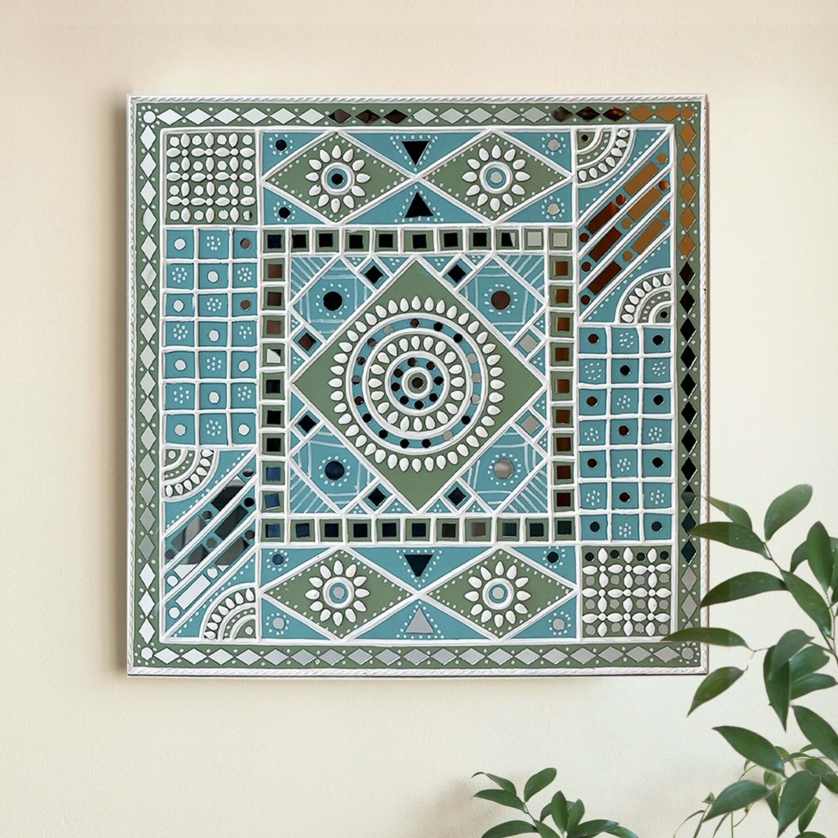 Wall Hanging made with Mud Art Ocean Blue Sparkles Handmade | Lippan Art - Light-blue, White & light-green / 18 inches X 18 inches / Clay & Mirrors on Ply