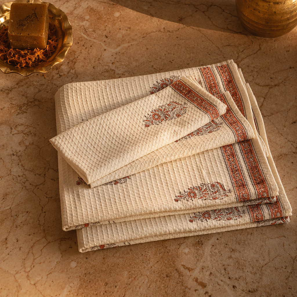 Block-Printed Off White and Peach Towel Set, The Linen Room. Handmade in India by House of Taraasha.