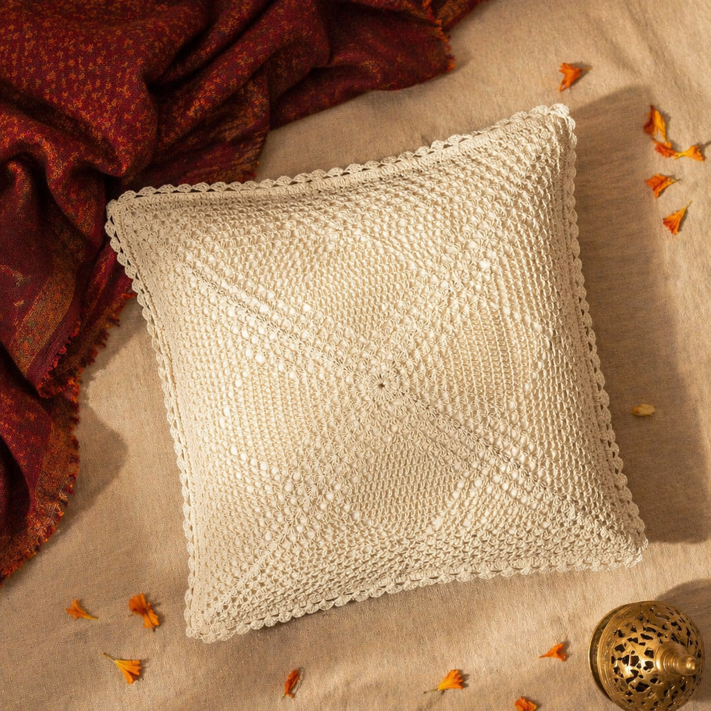 Quad Pattern White Hand-Crocheted Cushion Cover, The Living Room. Handmade in India by House of Taraasha.