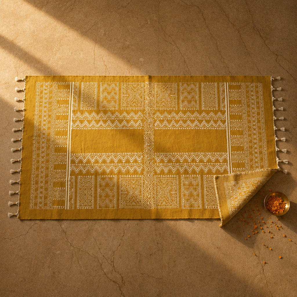Mandana Mustard Hand-Printed Tribal Pattern Cotton Rug, The Woven Floor. Handmade in India by House of Taraasha.