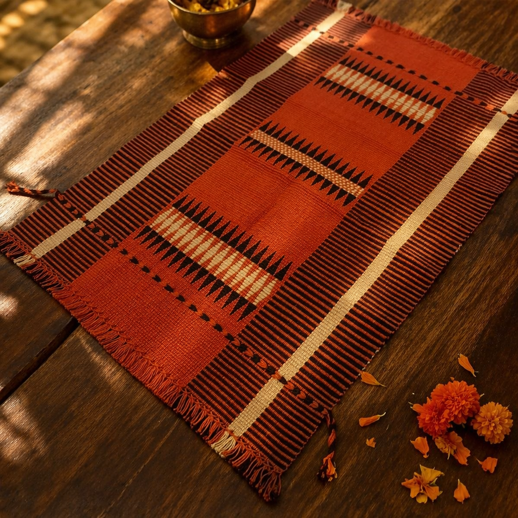 Tangerine Striped Naga Backstrap-Woven Table Mat, The Gathered Table. Handmade in India by House of Taraasha.