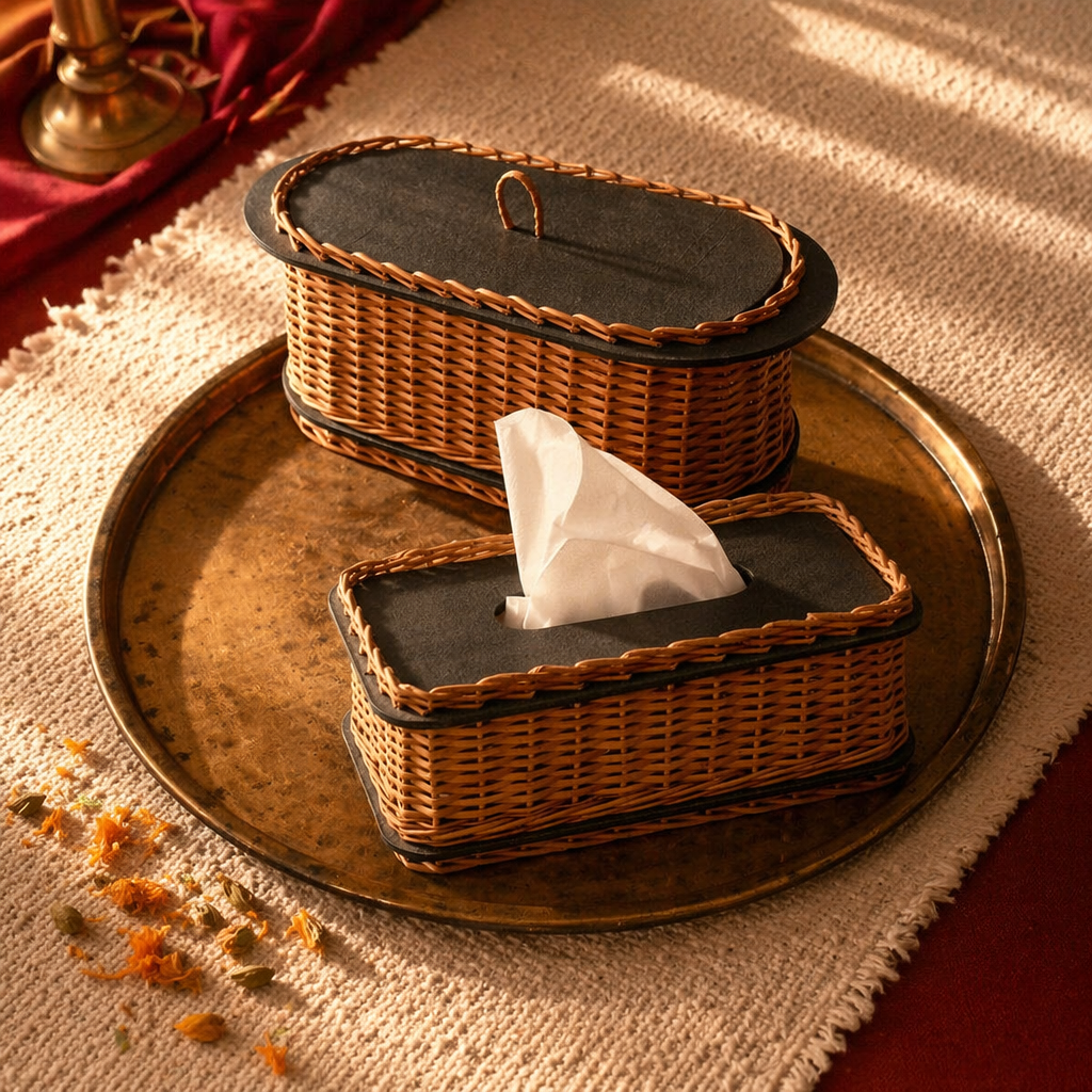 Kashmiri Willow Wicker Bread Box & Tissue Holder, The Wicker House. Handmade in India by House of Taraasha.