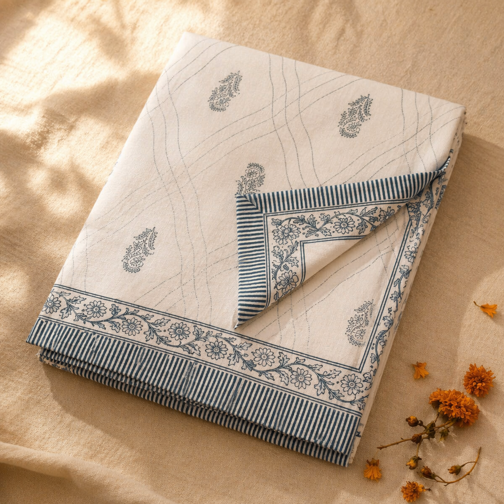 Sanganer Blue Mulmul Cotton Quilted Comforter, The Linen Room. Handmade in India by House of Taraasha.