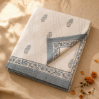 Sanganer Blue Mulmul Cotton Quilted Comforter, The Linen Room. Handmade in India by House of Taraasha.