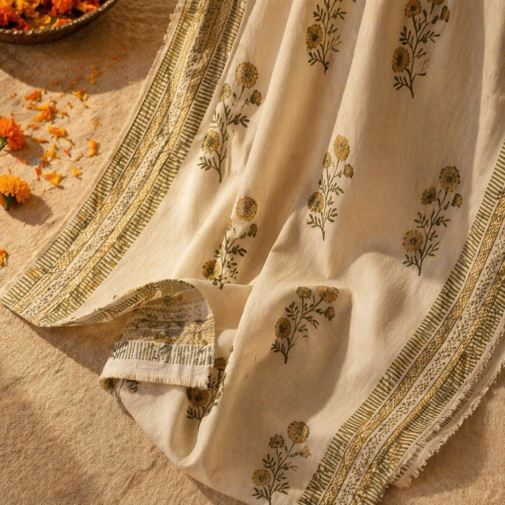 Sheer Taupe and Olive Green Mulmul Curtain, The Draped Window. Handmade in India by House of Taraasha.