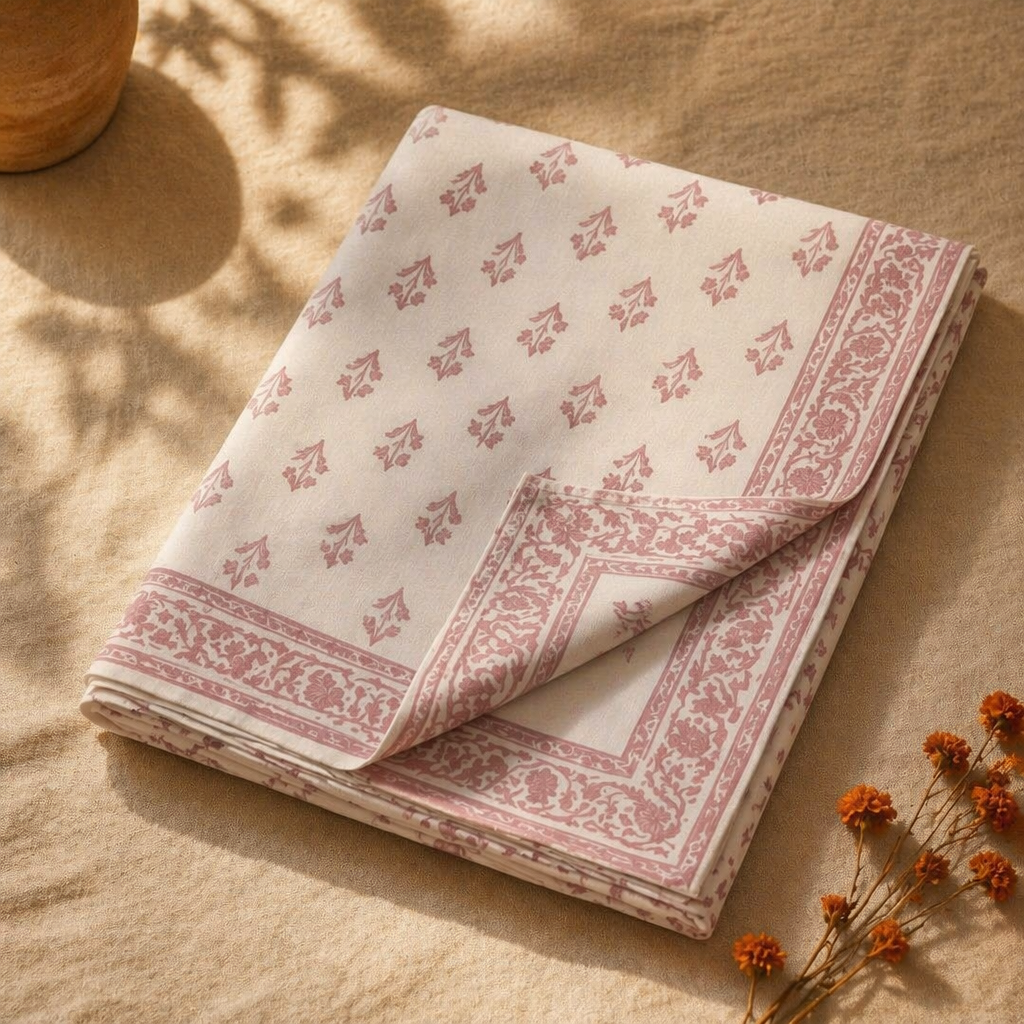 Blush Pink & White Hand-Printed Floral Bedsheet, The Linen Room. Handmade in India by House of Taraasha.