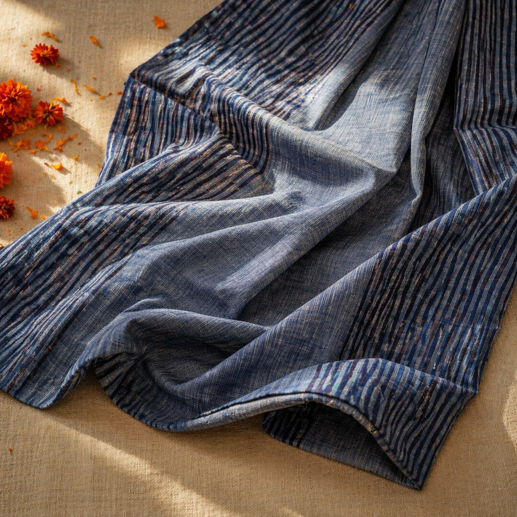 Handwoven Blue Striped Border Cotton Door Curtain, The Draped Window. Handmade in India by House of Taraasha.