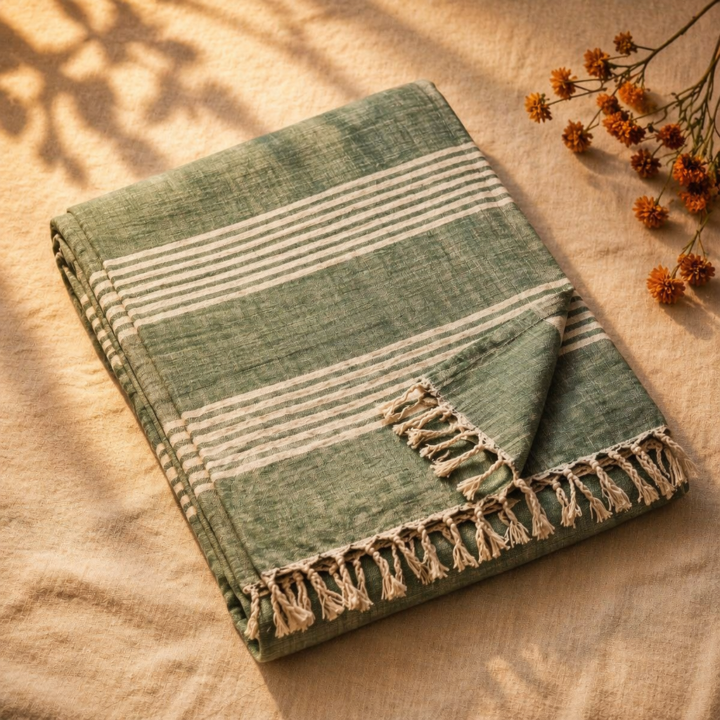 Royal Courtyards Green Striped Handwoven Bed Cover, The Linen Room. Handmade in India by House of Taraasha.