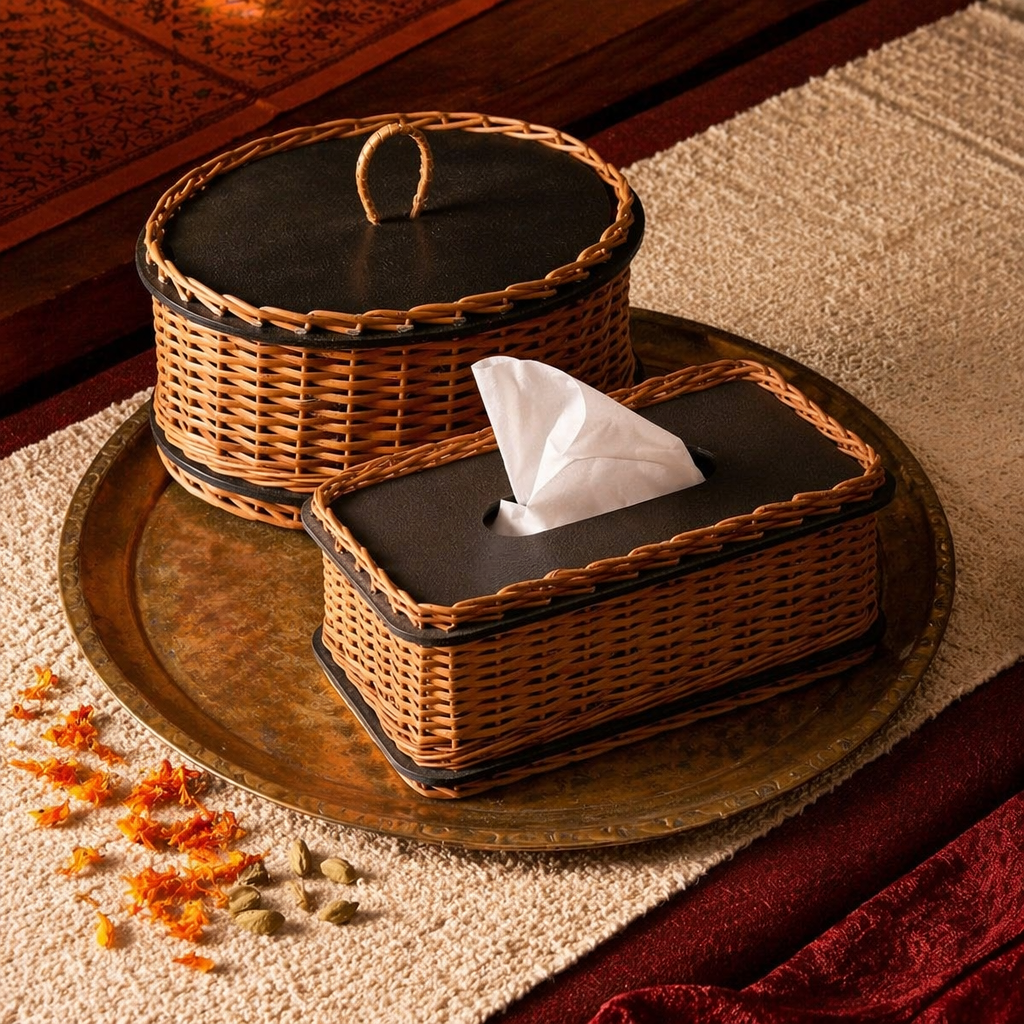 Kashmir Willow Storage Box & Tissue Box, The Wicker House. Handmade in India by House of Taraasha.