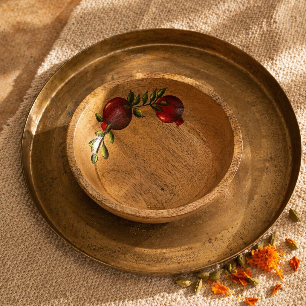 Rajasthan Hand-Painted Anar Mango Wood Salad Bowl, The Brass Atelier. Handmade in India by House of Taraasha.