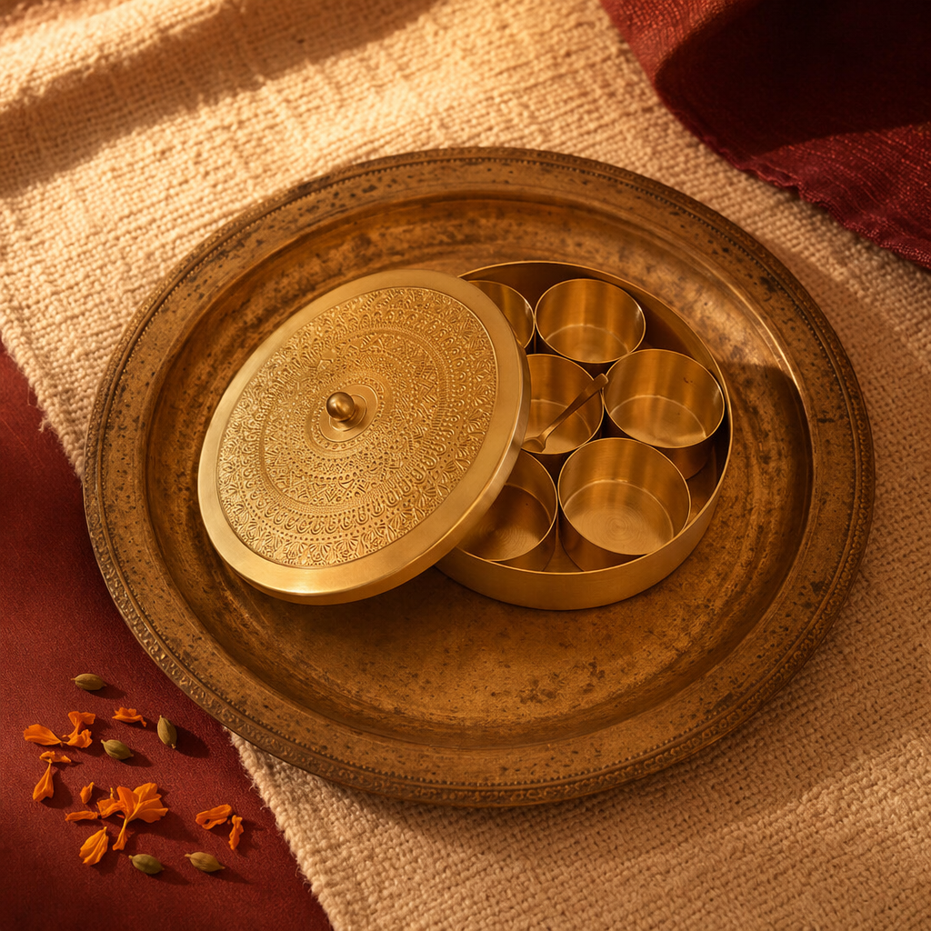 Moradabad Traditional Pure Brass Masala Dabba, The Brass Atelier. Handmade in India by House of Taraasha.