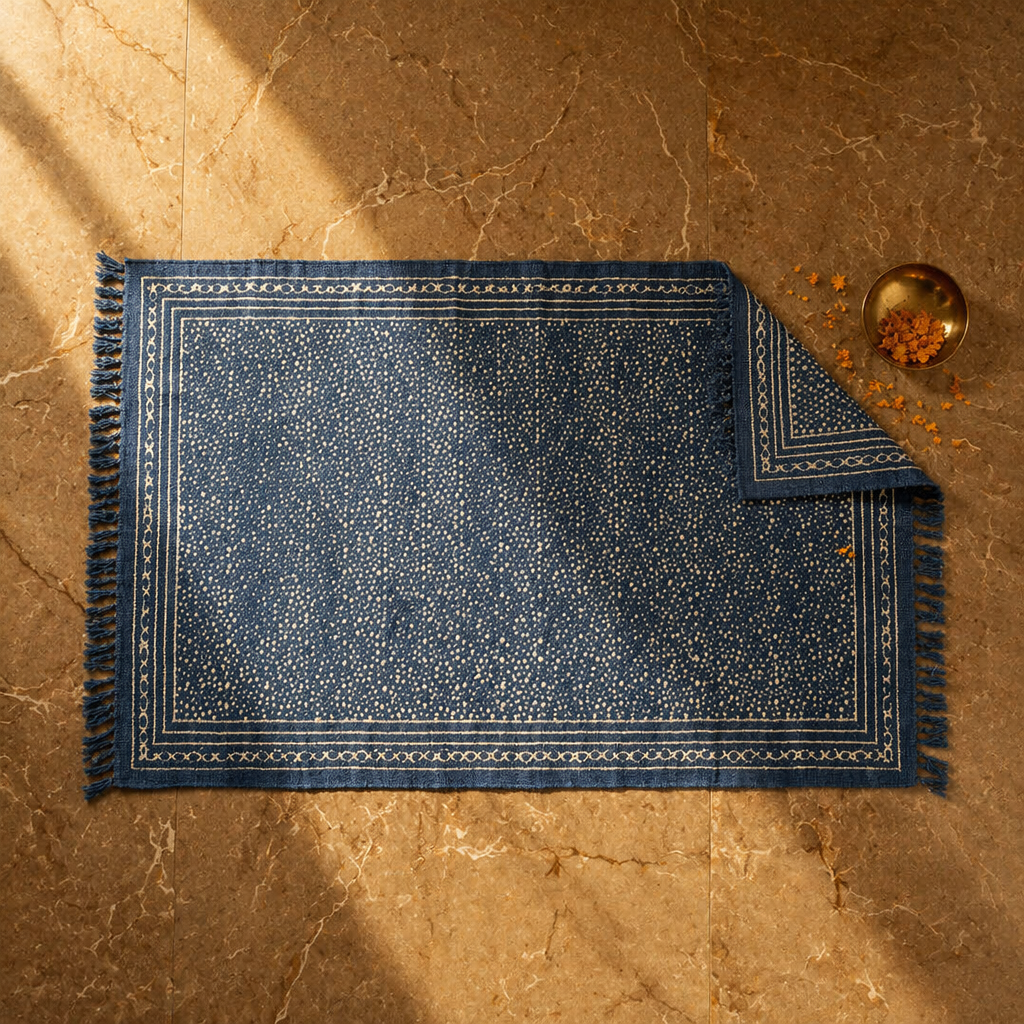 Dabu Lattice Mud-Resist Block-Printed Indigo Cotton Rug, The Woven Floor. Handmade in India by House of Taraasha.
