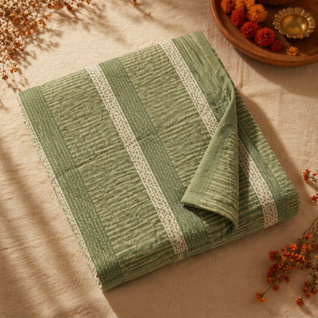 Sanganer Hand Block-Printed Cotton Bedsheet, Fern & Ivory, The Linen Room. Handmade in India by House of Taraasha.