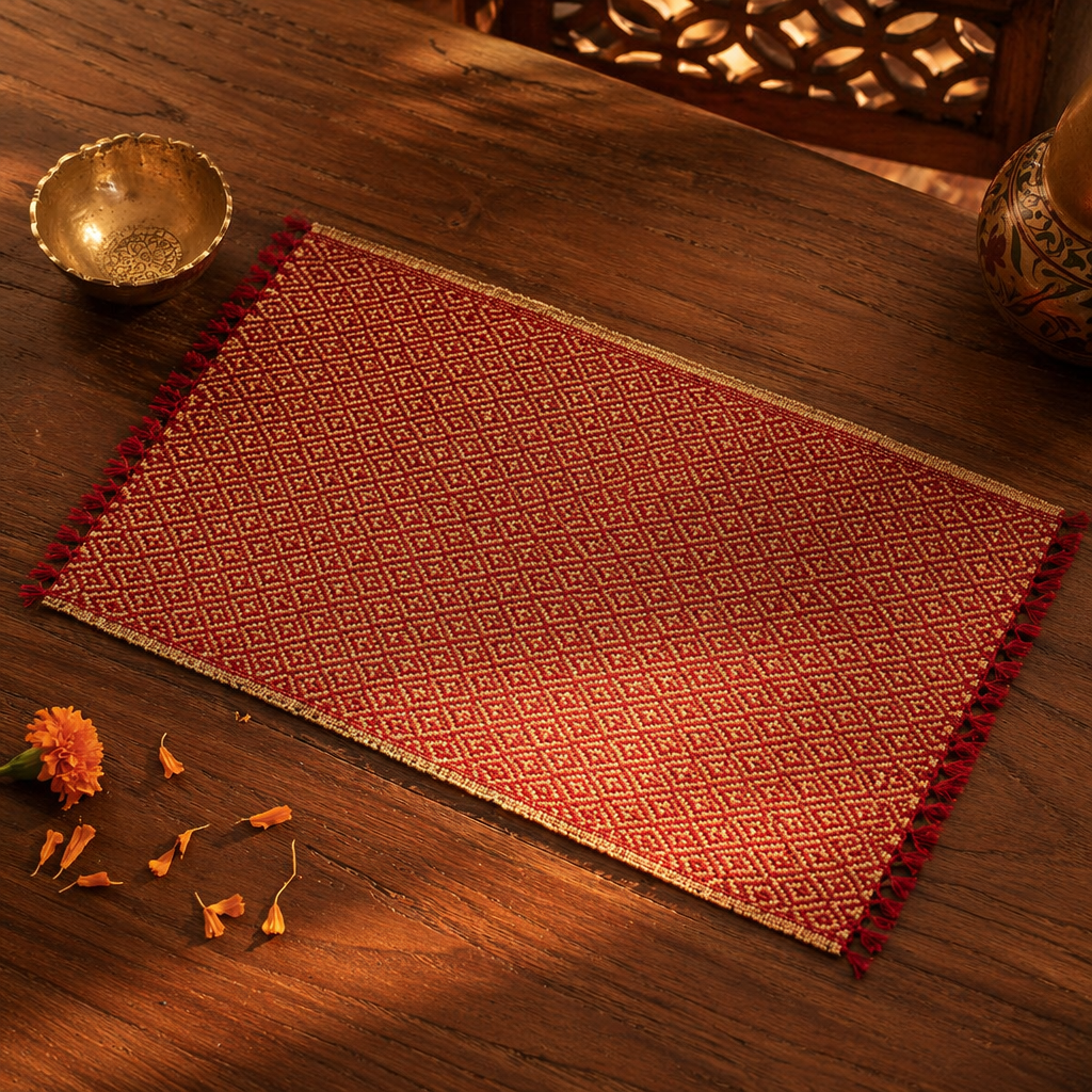 Madur Grass Woven Table Mats Maroon, The Gathered Table. Handmade in India by House of Taraasha.