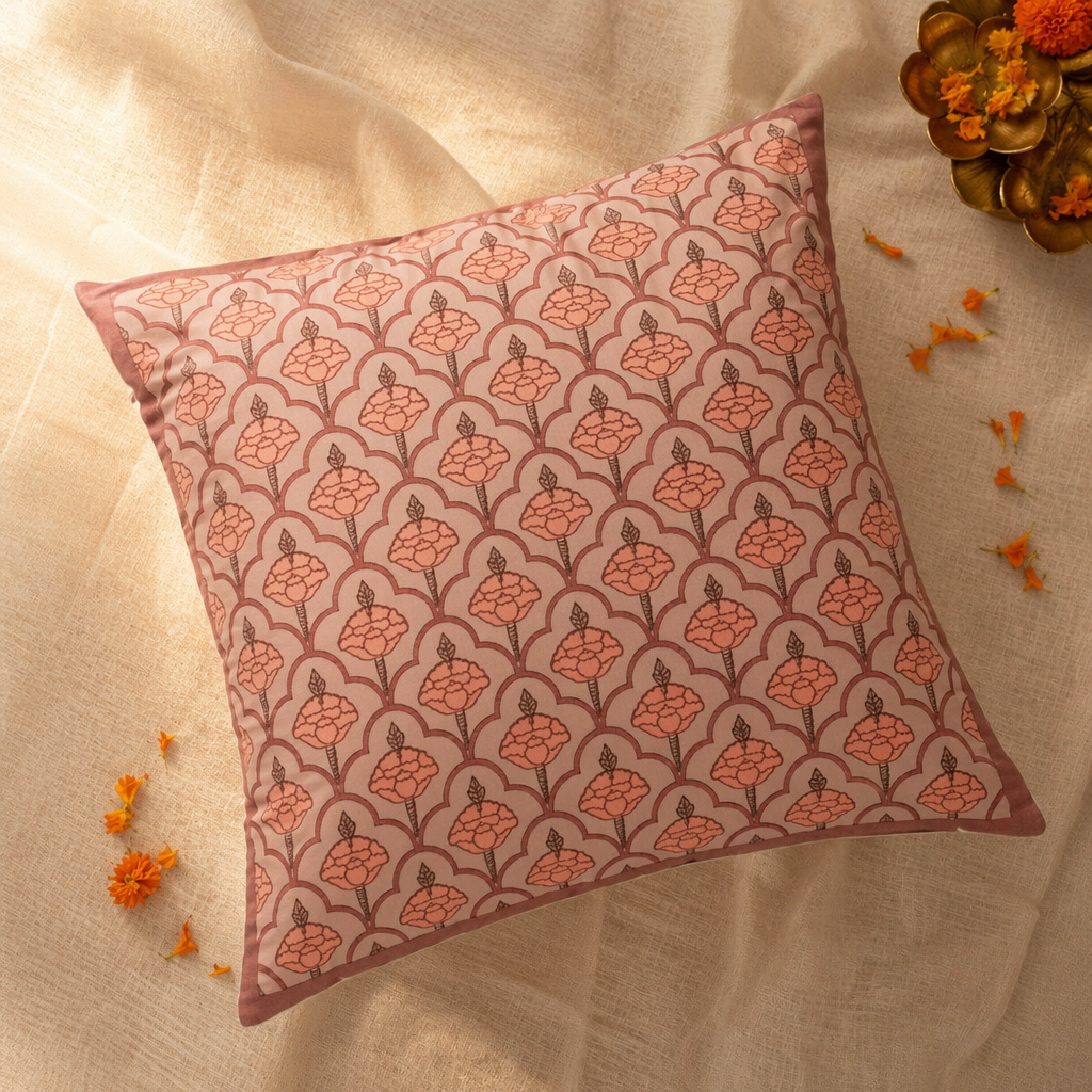 Jaali Dusty Pink Hand-Printed Cushion Cover, The Living Room. Handmade in India by House of Taraasha.