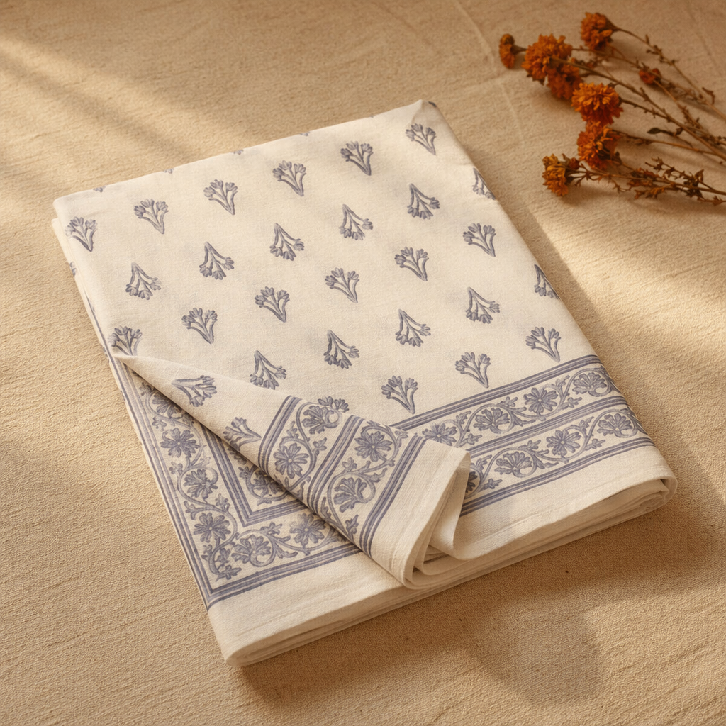Off-White & Blue Hand-Printed Floral Bedsheet, The Linen Room. Handmade in India by House of Taraasha.