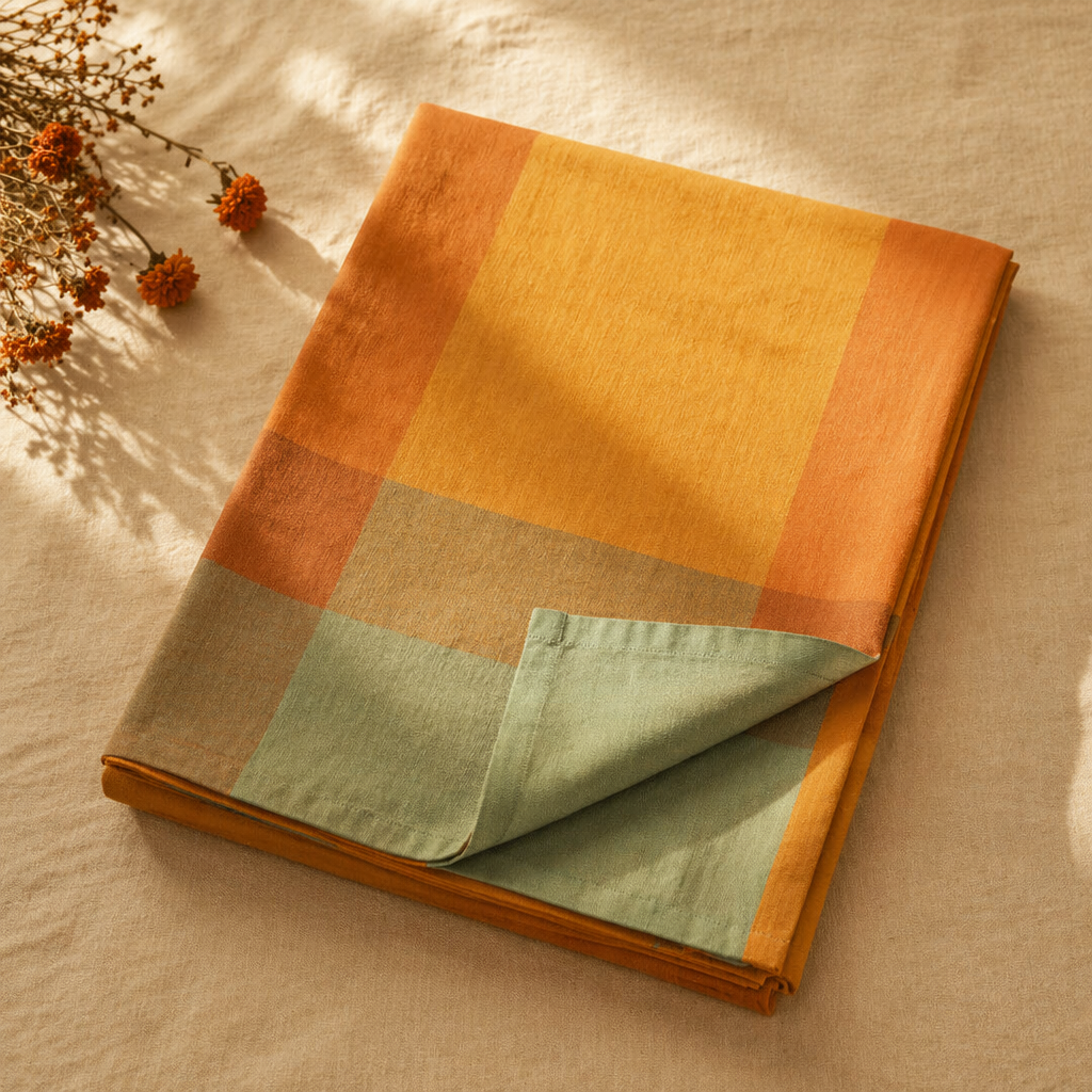 Marigold Citrine Yellow and Green Woven Bed Cover, The Linen Room. Handmade in India by House of Taraasha.