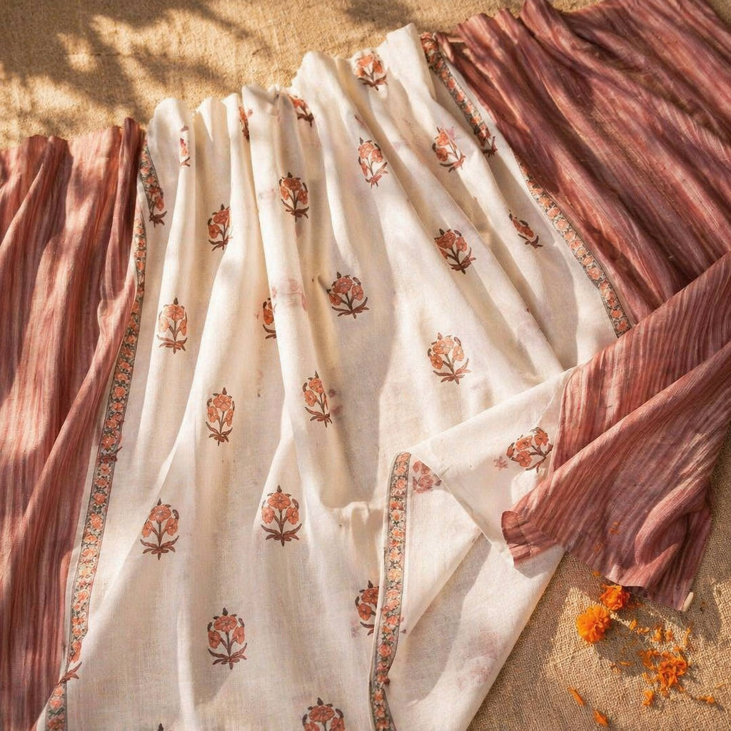 Royal Courtyards Dusty Pink & Off-White Woven-Sheer Set of Four, The Draped Window. Handmade in India by House of Taraasha.