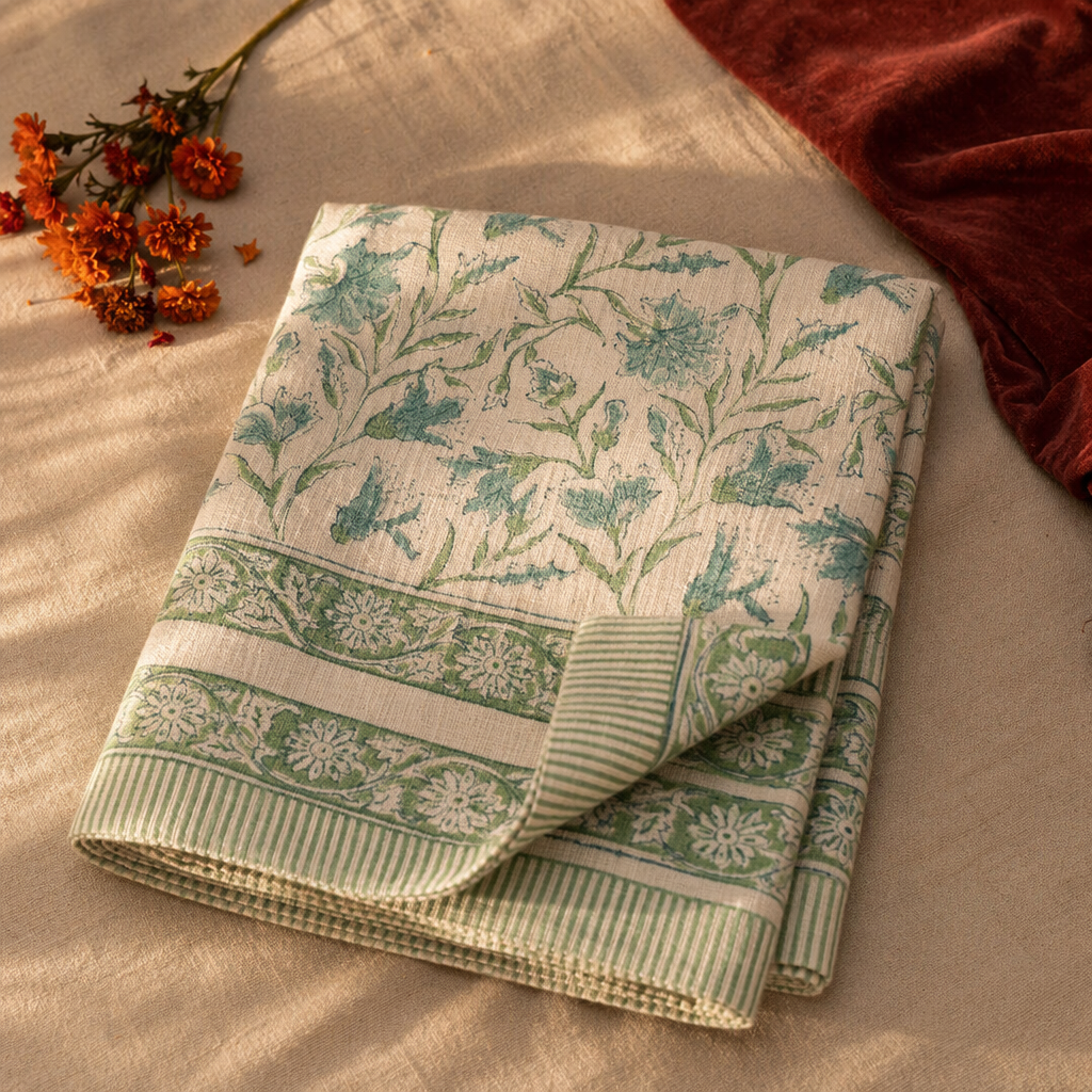 Light Green & White Hand Block-Printed Bedsheet, The Linen Room. Handmade in India by House of Taraasha.