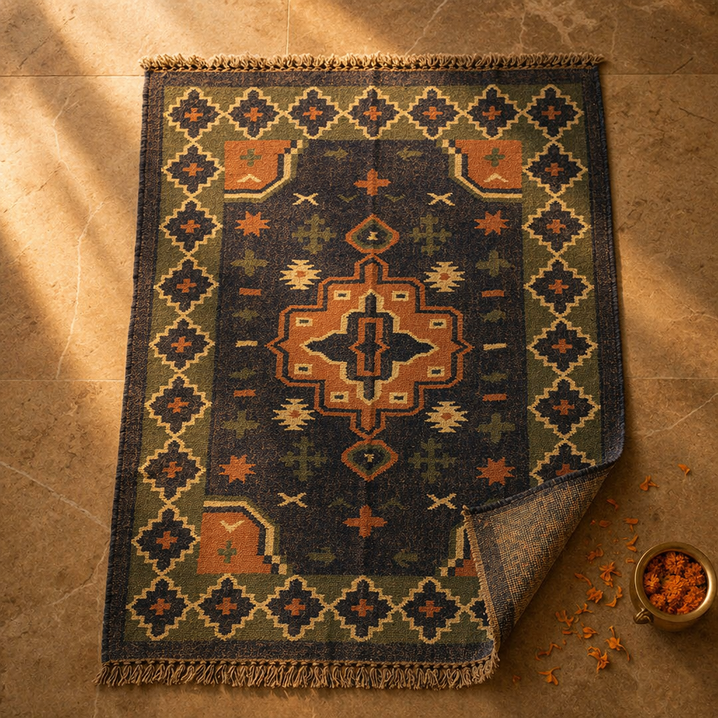 Geometric Indigo Punja-Woven Jute and Wool Rug, The Woven Floor. Handmade in India by House of Taraasha.