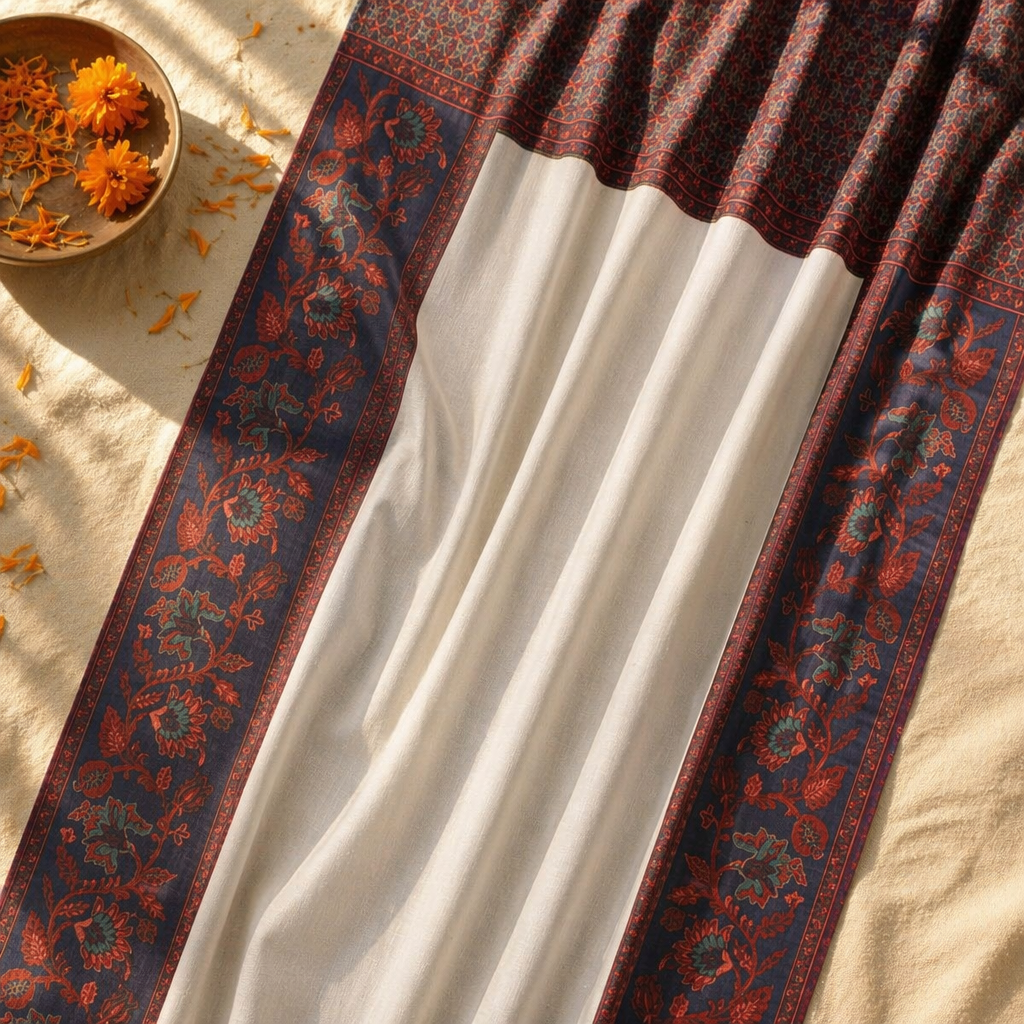 Chintz Single Panel Ivory, Maroon and Navy Cotton Curtain, The Draped Window. Handmade in India by House of Taraasha.