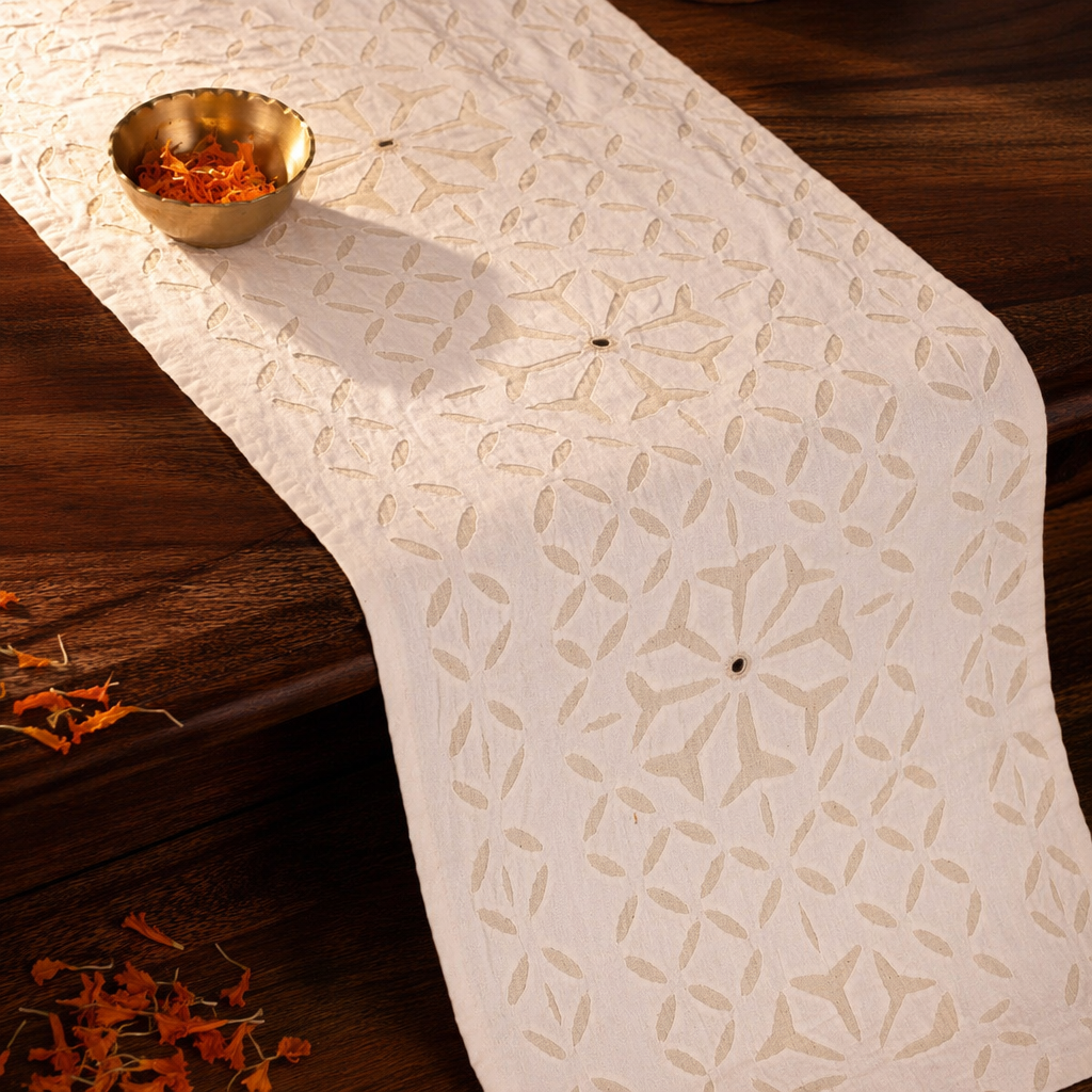 Applique Cutwork Runner Lily White with Mirrors, The Gathered Table. Handmade in India by House of Taraasha.