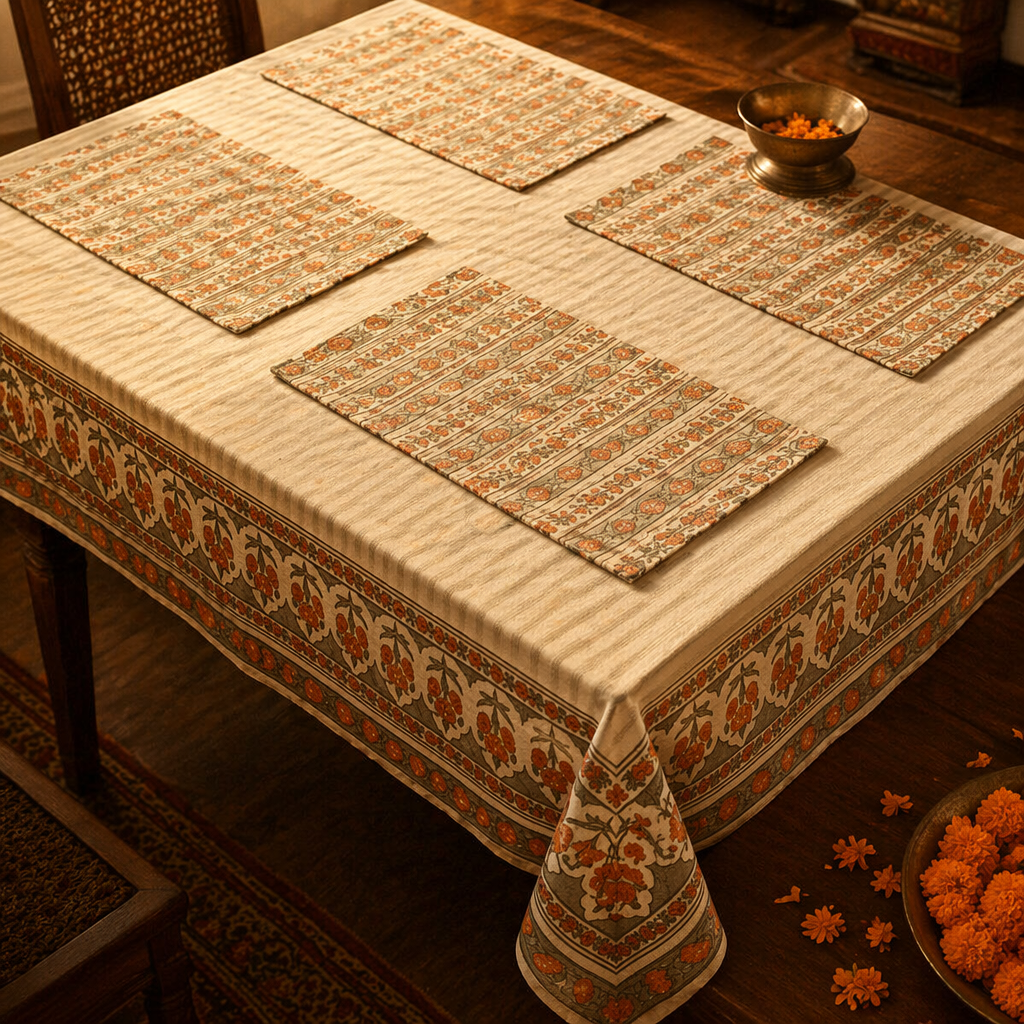 Green & Dusty Pink Floral Cotton Tablecloth & Mat Set, The Gathered Table. Handmade in India by House of Taraasha.