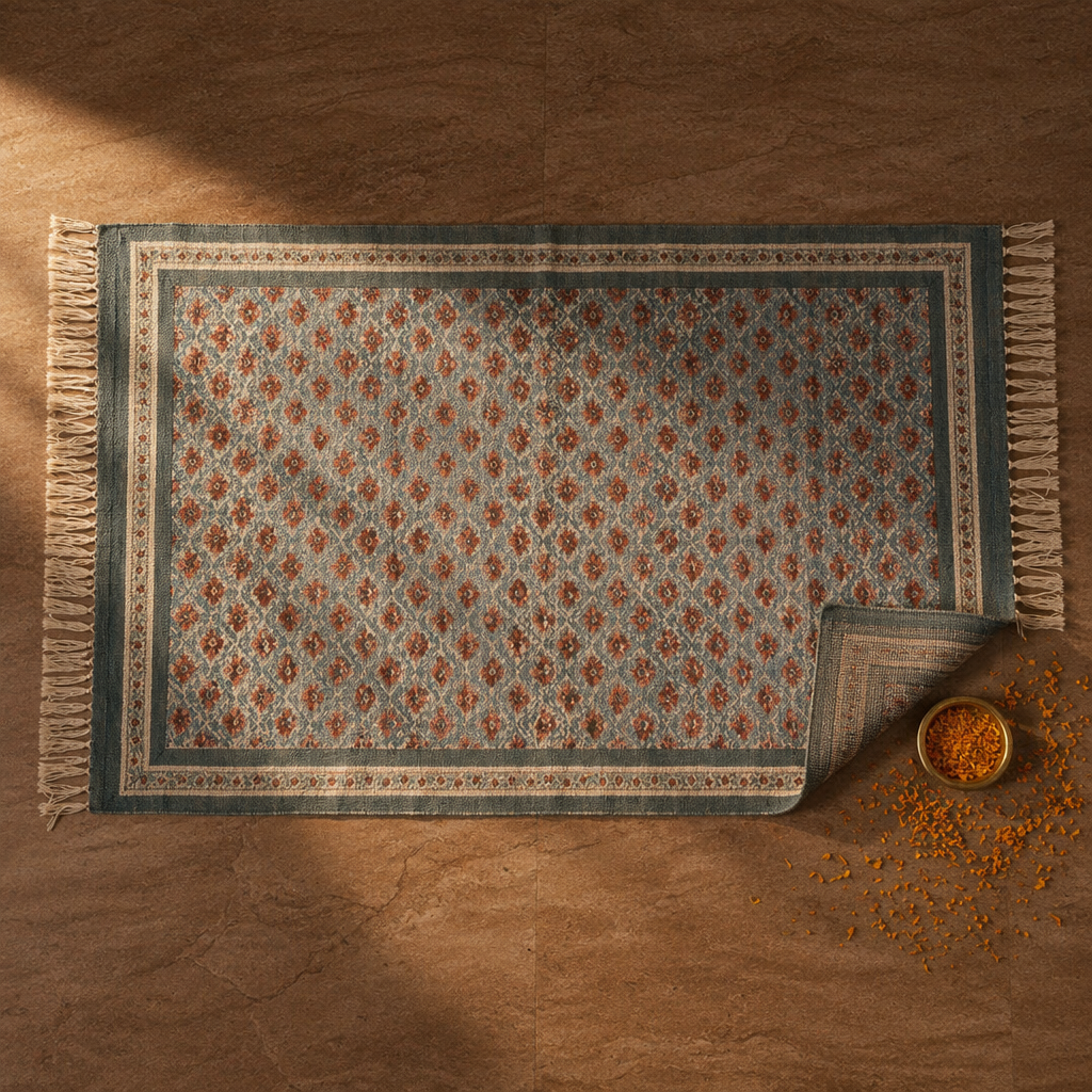 Blue and Dusty Pink Royal Courtyards Floral Rug, The Woven Floor. Handmade in India by House of Taraasha.