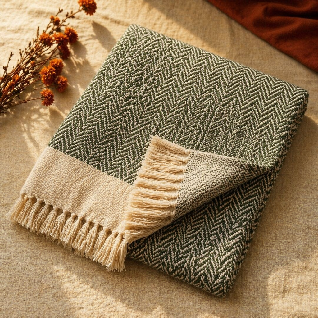 Chevron Green Handwoven Pure Cotton Throw, The Linen Room. Handmade in India by House of Taraasha.