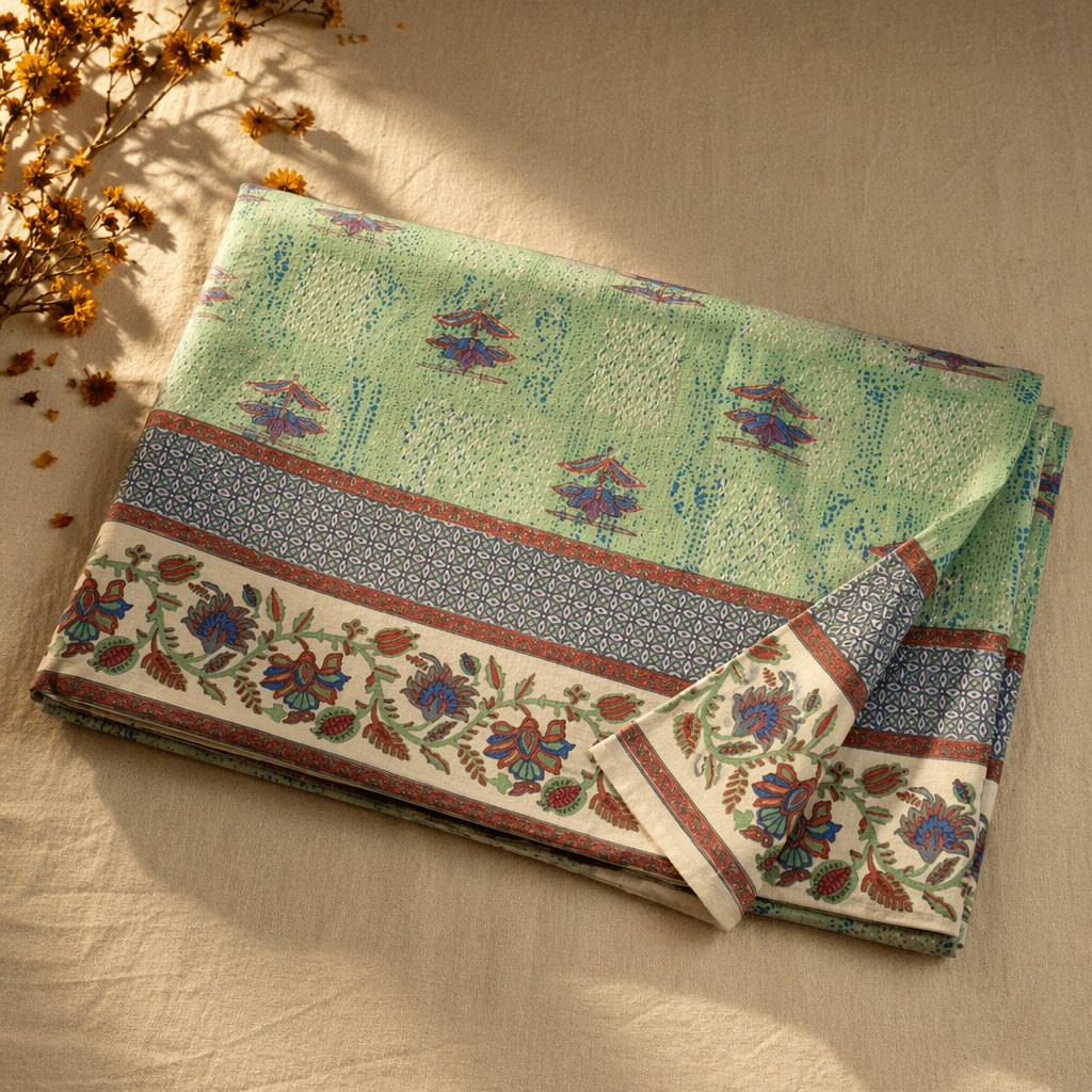 Chintz Aqua, Navy and Peach Bed Cover, The Linen Room. Handmade in India by House of Taraasha.