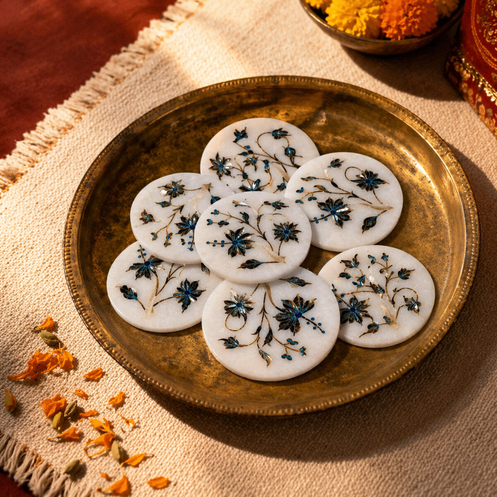 Agra White Marble Coasters with Pietra Dura Inlay, The Brass Atelier. Handmade in India by House of Taraasha.