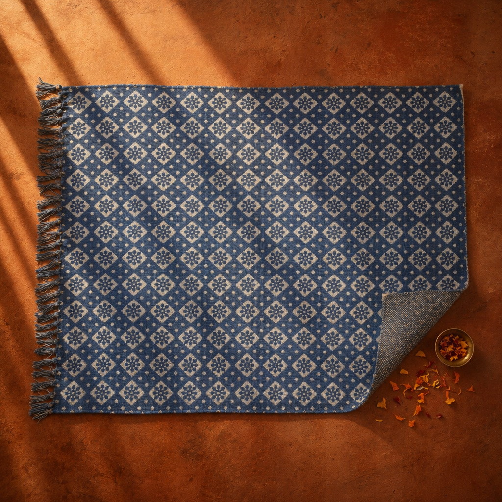 Dabu Mud-Resist Indigo Block-Printed Cotton Rug, The Woven Floor. Handmade in India by House of Taraasha.
