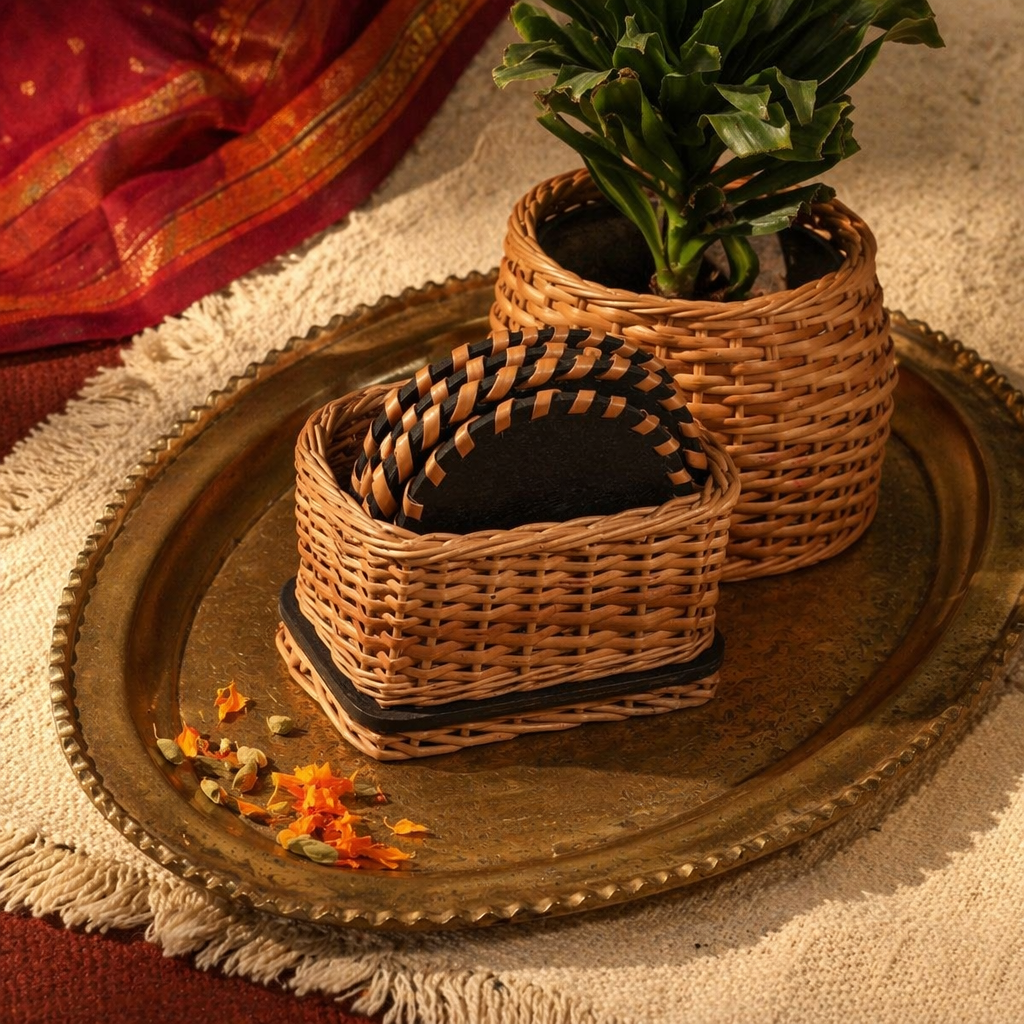 Willow Wicker Coaster Set Kashmir, with Holder, The Brass Atelier. Handmade in India by House of Taraasha.