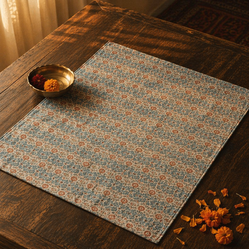 Blue & Dusty Pink Floral Cotton Table Mat, The Gathered Table. Handmade in India by House of Taraasha.