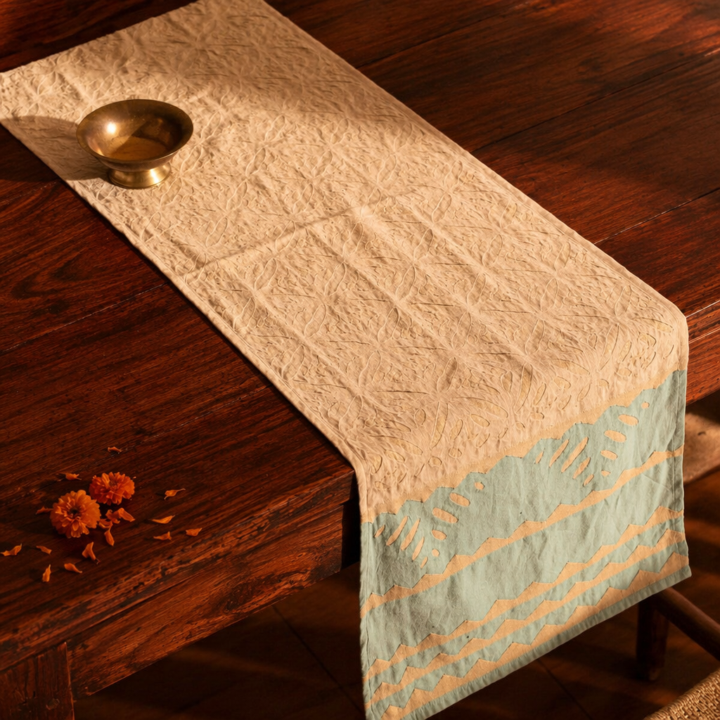 Applique Cutwork Runner Taupe and Teal Blue, The Gathered Table. Handmade in India by House of Taraasha.