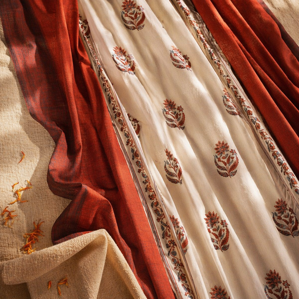Chintz Assorted Set Off-White, Brick Red and Navy Cotton Curtains, The Draped Window. Handmade in India by House of Taraasha.