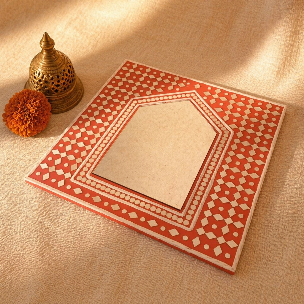 Brick Red Lippan Mirror Kutch Mud and Glass, The Art Wall. Handmade in India by House of Taraasha.