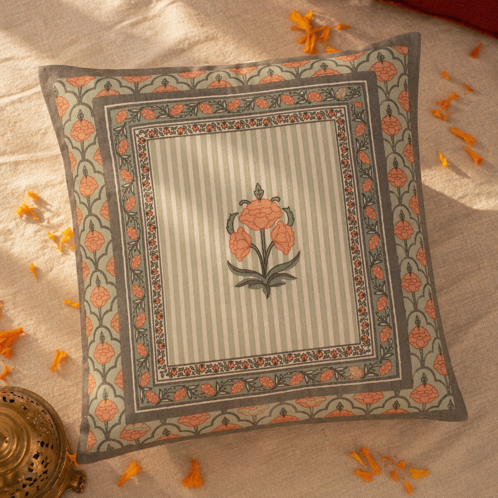 Jaali and Floral Green and Dusty Pink Cushion Cover Set, The Living Room. Handmade in India by House of Taraasha.