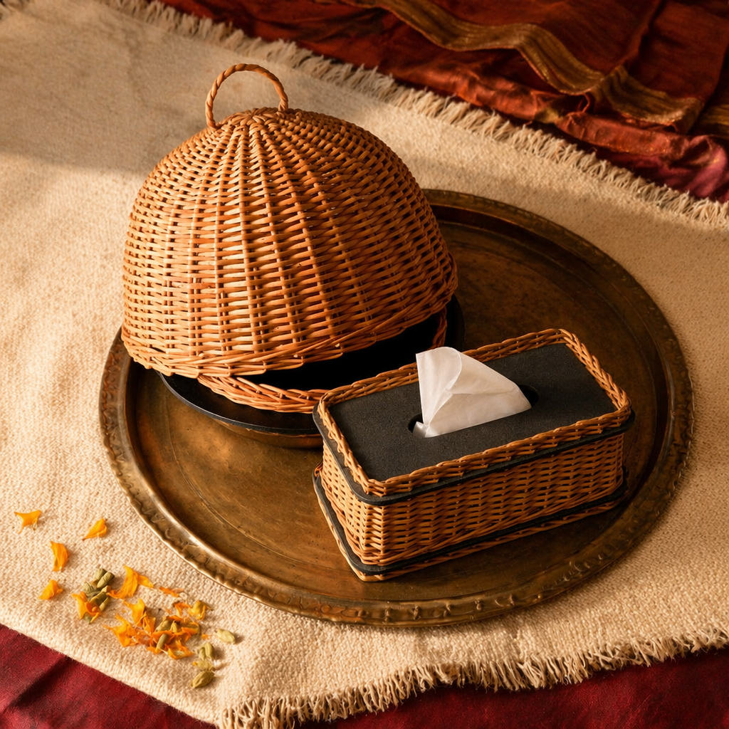 Kashmir Willow Cloche Platter & Tissue Box, The Wicker House. Handmade in India by House of Taraasha.
