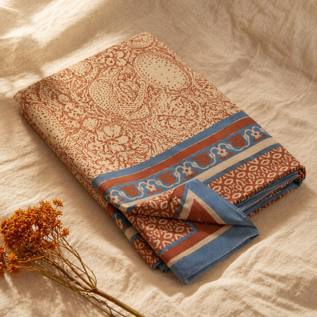 Chintz Ivory, Brick Red and Navy Bedsheet, The Linen Room. Handmade in India by House of Taraasha.