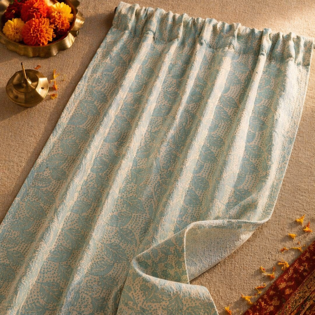 Karhuwa Summer Leaves Cutwork Sky Blue Sheer Curtain, The Draped Window. Handmade in India by House of Taraasha.