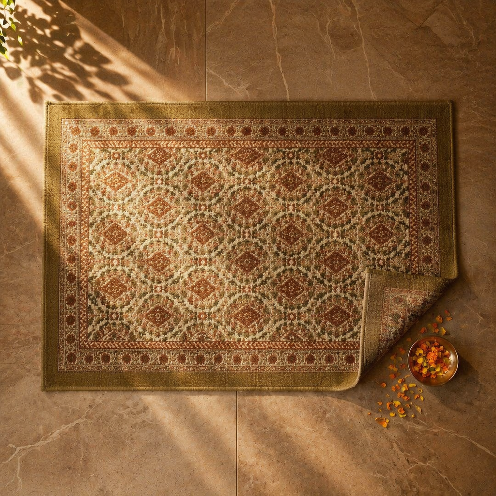 Ivory and Rust Hand Block-Printed Cotton Floor Rug, The Woven Floor. Handmade in India by House of Taraasha.