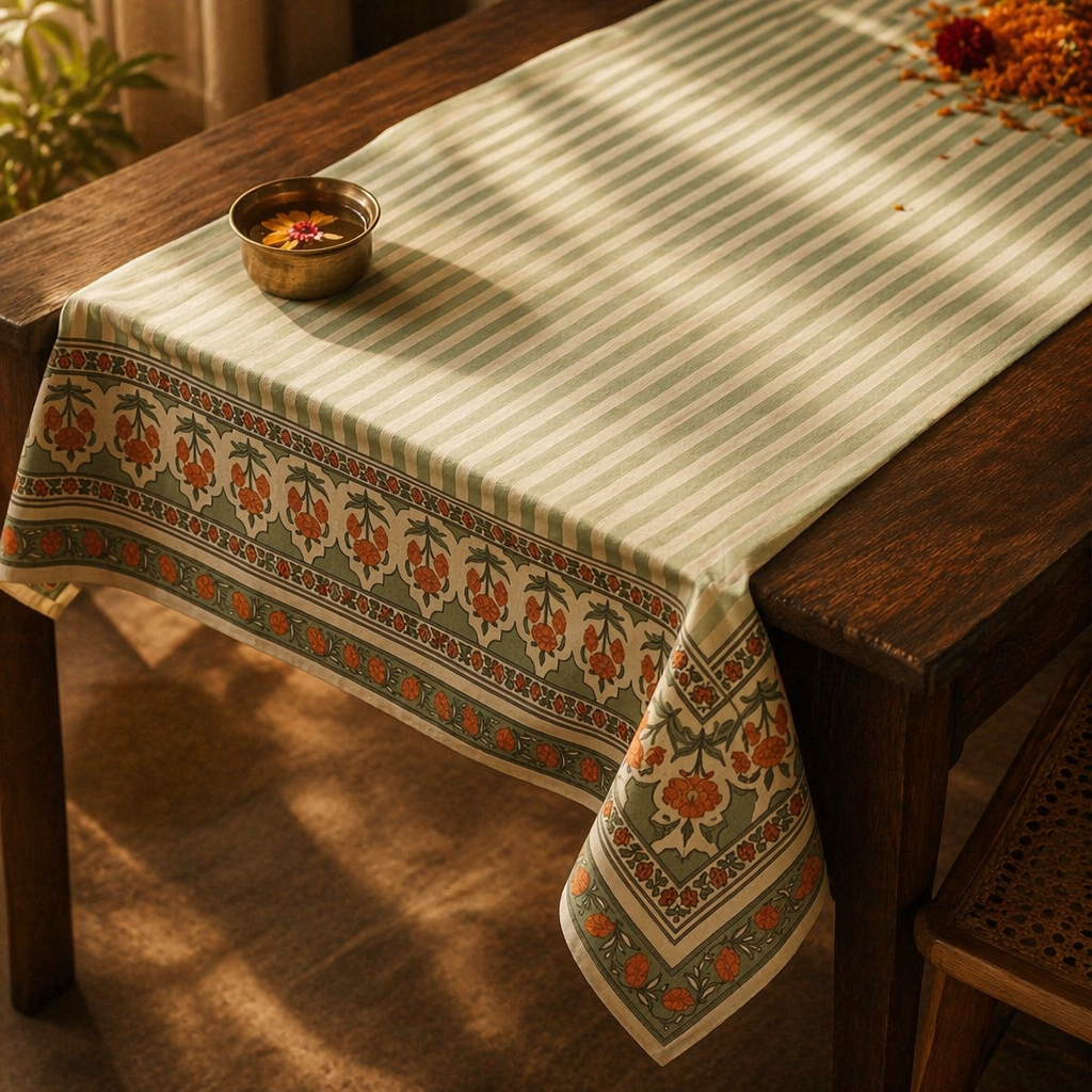 Royal Courtyards Table Cloth Green and Dusty Pink, The Gathered Table. Handmade in India by House of Taraasha.