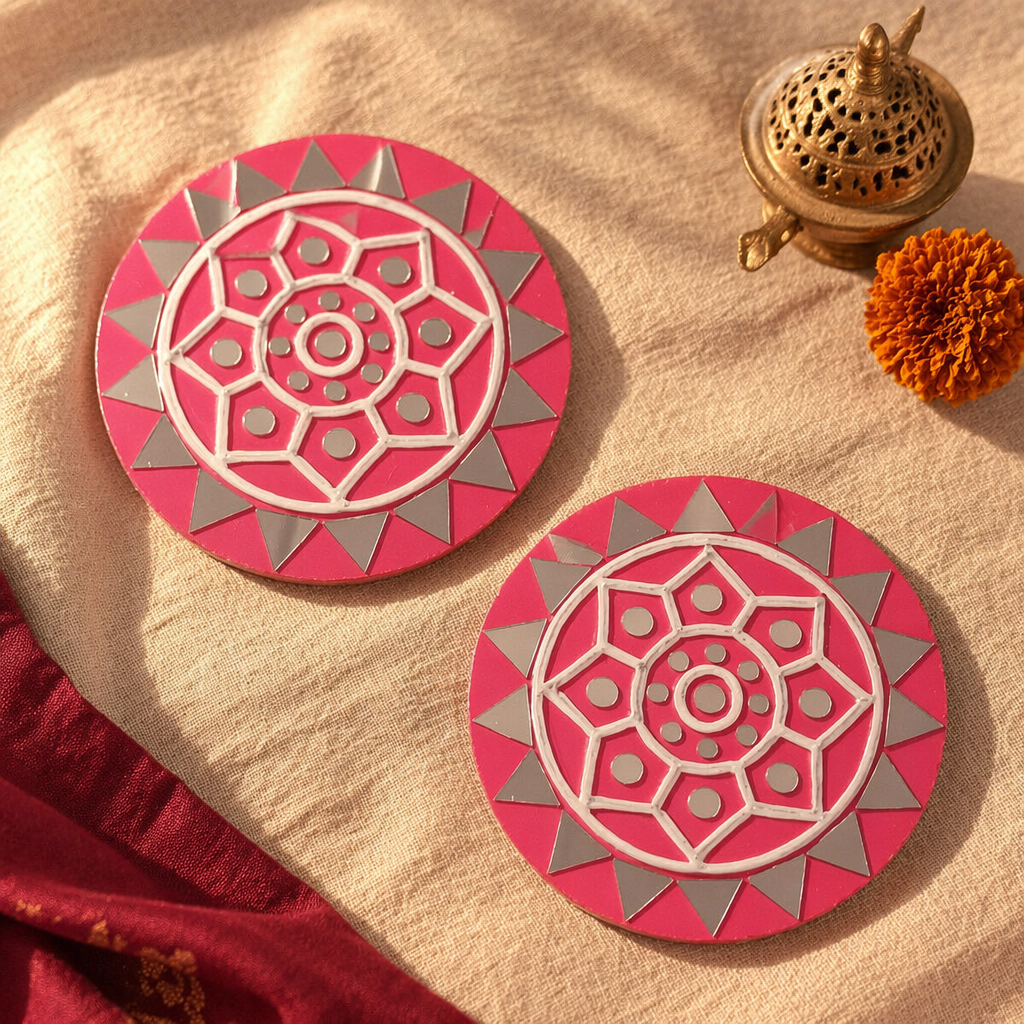 Pink Lippan Round Wall Medallions Pair, The Art Wall. Handmade in India by House of Taraasha.
